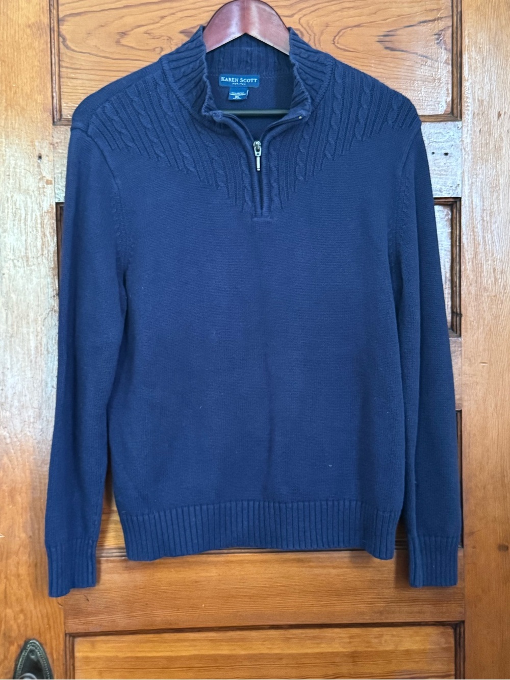 Karen Scott Women’s Navy Zip-Neck Cable Yoke Sweater Size Petite XL